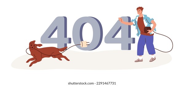 404 error, web page not found. Website access failure, wrong internet connection concept. Unloaded unavailable webpage design with funny dog. Flat vector illustration isolated on white background