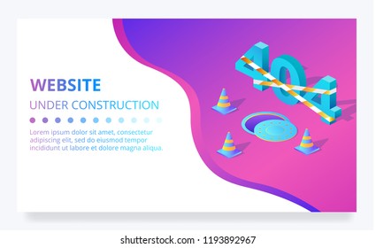404 error web page or site under construction vector illustration template. Internet technology design with manhole and restriction stripe tape and stop signal cone on purple ultraviolet background
