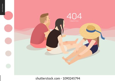 404 error web page template with family on pink background - flat cartoon vector illustration of family watching sunset , sunrise landscape, pink sky, background, girl wearing a hat