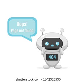 404 error web page template. Cute sad robot character with "page not found" text. 404 warning message for website