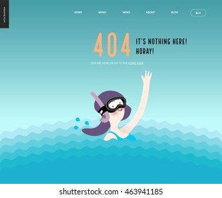 404 error, web page template - a waving scuba diver girl wearing diving mask, snorkel and blue swimming suit, waving and coming up from the sea waves