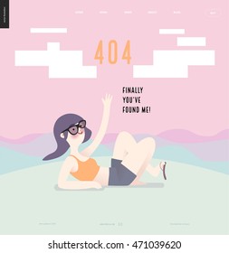 404 error web page template with waving girl on pink background. A girl wearing sun glasses, yellow top and grey shirt waves lying down on earth, with hills landscape and pink sky on the background