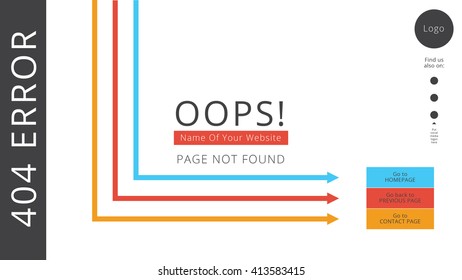 404 Error webpage, flat design and colorful with areas of navigation and social media buttons