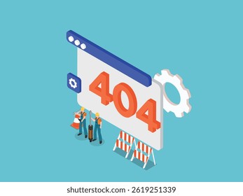 404 Error webpage under construction or maintenance with two workers in hard hats and overalls using tools near barricades 3d isometric vector