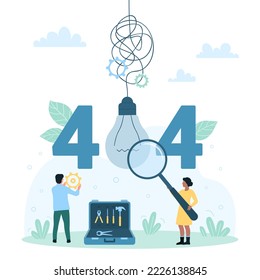 404 Error, Website Problem And Alert Message Vector Illustration. Cartoon Tiny People Looking Through Magnifying Glass At 404 Lettering To Search Mistake, Using Gear From Maintenance Tool Box