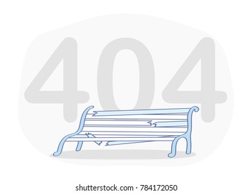 404 icon, page not found, 404 error page concept. Empty broken bench and inscription 404. Flat outline vector illustration, premium quality cartoon symbol concept.