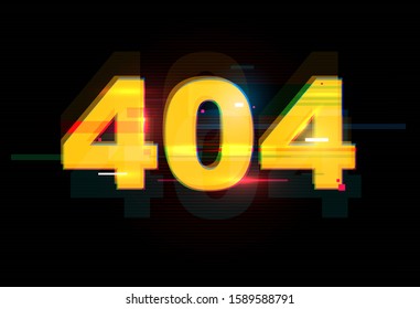404 inscription in distorted glitch effect on black background. Digital abstract concept. Colorful stylish vector illustration for branding, cover, poster, print or web design. 
