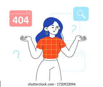 404 internet connection problem message flat vector illustration. Concept operating system error warning for web page, banner, presentation, social media.  woman cartoon character confused gesture