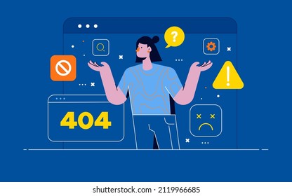 404 internet connection problem message. Concept operating system error warning for web page, banner, presentation, social media. Woman cartoon character confused gesture. Vector Illustration