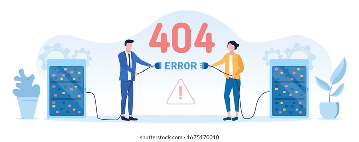 404 internet web page error - Not Found concept with two servers with a broken cable between held by a man and woman with text and exclamation warning icon, vector illustration