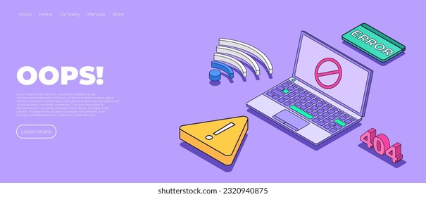 404 isometric page. Landing page template with 404 error. No internet connection. Concept of technical error, page not found, online service notification