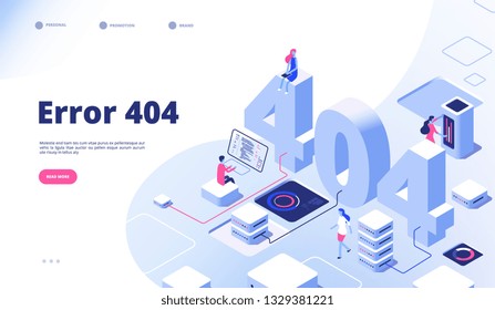 404 isometric page. Not working error lost not found 404 sign problem landing vector design