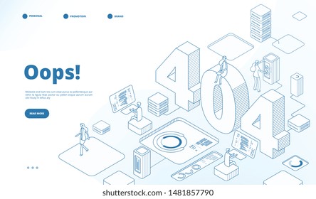 404 Isometric Page. Not Working Error, Lost Data Or Not Found 404 Problem, Disconnection Sign. Landing Page Vector Line 3d Design