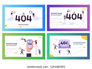 404 Landing Page Error Set. Broken Unplug Socket Sign for Under Construction Service Layout. Funny Character Warning that Web Page on Maintenance Concept for Website. Flat Cartoon Vector Illustration