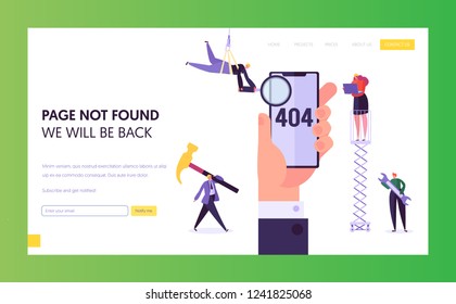 404 Maintenance Error Landing Page Template. Page Not Found Under Construction Concept with Characters Workers Fixing Internet Problem on Smartphone for Website. Vector illustration