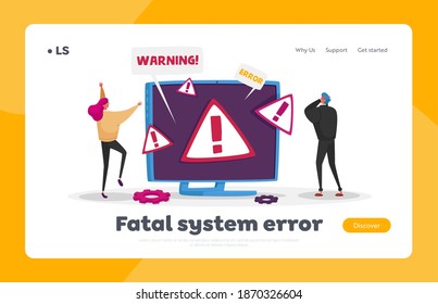 404 Maintenance Error, Page Not Found, Site Under Construction Landing Page Template. Tiny Characters at Huge Computer Monitor with Internet Problem Warning. Cartoon People Vector Illustration