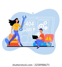 404 not found blue concept with people scene in the flat cartoon design. Girl goes to help a colleague solve problems with a laptop. Vector illustration.
