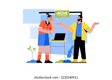 404 not found color concept with people scene in the flat cartoon style. Two programmer discuss how to fix technical error on the laptop. Vector illustration.