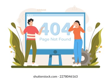404 not found color concept with people scene in the flat cartoon design. Team of programmers cannot understand why an error occurred on the computer. Vector illustration.