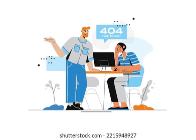 404 concepto no encontrado con la escena de la gente de estilo plano. El hombre y la mujer ven problemas de página y resuelven errores con la conexión al sitio o con el error del programa. Ilustración vectorial con diseño de caracteres para web