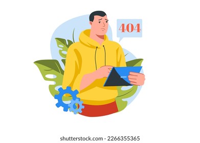 404 not found concept with people scene in the flat cartoon style. Employee is worried about not being able to fix an error in the settings. Vector illustration.