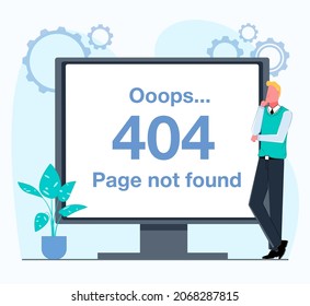 A 404 not found error. A man stands next to a monitor that shows a 404 error. Flat vector illustration.