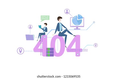 404, Not Found, 404 error message. Concept with people and icons. Colored flat vector illustration on white background.