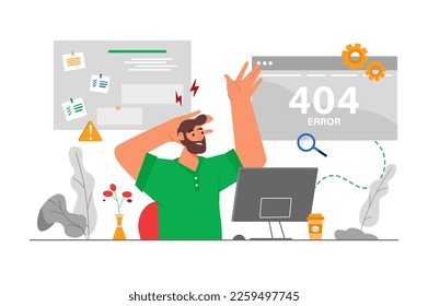 404 fand kein graues Konzept mit Menschen Szene in der flachen Cartoon-Design. Programmierer befürchtet, dass ein Fehler in den Einstellungen vorliegt. Vektorgrafik.