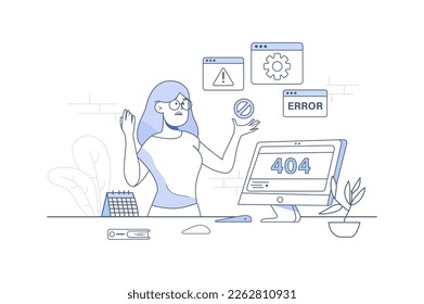 404 not found line concept with people scene in the flat cartoon design. Girl tries to avoid problems with settings that may arise during work. Vector illustration.