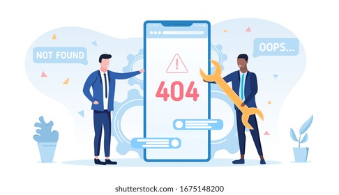 404 Not Found or Oops computer search screen with warning triangle and two businessmen or technicians trying to repair the link or conduct maintenance with a spanner, vector illustration
