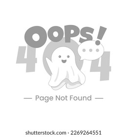 404 no encontrado, página de error oops, ilustración concepto fantasma blanco diseño plano vector eps10. elemento gráfico moderno para página de inicio, estado vacío ui, infografía, icono