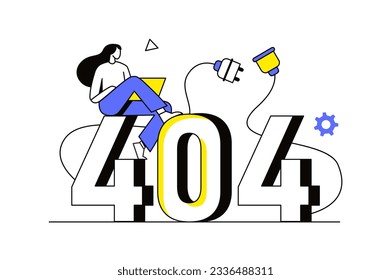 404 not found page concept with people scene in the flat cartoon style. The girl is trying to find an error on the Internet page. Vector illustration.