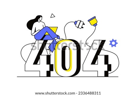 404 not found page concept with people scene in the flat cartoon style. The girl is trying to find an error on the Internet page. Vector illustration.