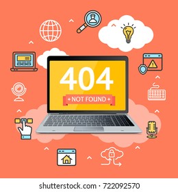 404 Not Found Page in Notebook Concept with Computer Screen Symbols and Line Icons for Web Internet Mistake. Vector illustration