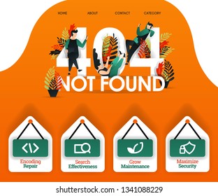 404 NOT FOUND with people looking for error and problems. can use for, landing page, web, mobile app, poster, banner, flyer, vector illustration, online promotion, internet marketing, finance, trading