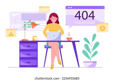 404 not found purple concept with people scene in the flat cartoon design. Programmer works to fix an error while writing a program. Vector illustration.