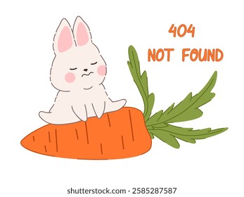 404 Not Found text with a kawaii rabbit illustration. Playful error page design with an adorable bunny. Ideal for website graphics, social media posts, digital stickers, posters and UI elements
