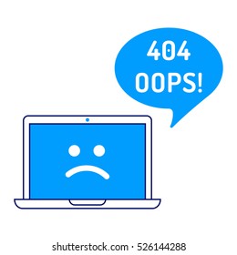 404 oops, laptop icon with speech bubble. Flat vector illustration on white background. Can be used for business concept.