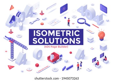 404 Page Builder Set - People Working On Technical Error, Website Maintenance, Numbers, Construction Machines. Bundle Of Isometric Design Elements Isolated On White Background. Vector Illustration.