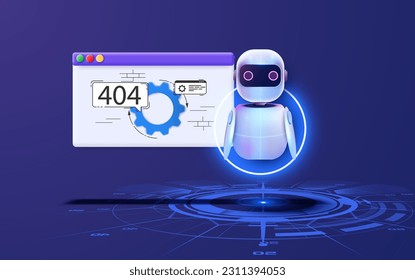 404 página con pantalla de dibujos animados y robot. Repara el servicio. Rompiendo una situación de error. Ilustración del vector