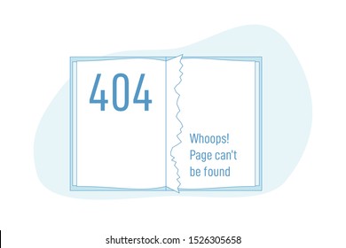 404 Page Concept. Book Or Notebook With 404 Torn Out Page And Words - Sorry, Oops, This Page Can't Be Found.  Flat Vector Illustration