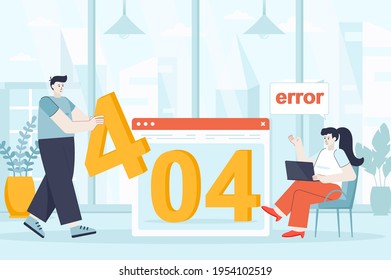 404 page error concept in flat design. Development team working on problem site scene. Technology department fixes error on broken webpage. Vector illustration of people characters for landing page