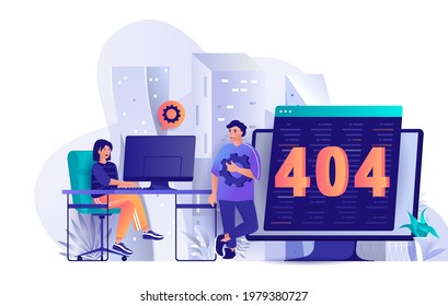 404 page error concept in flat design. Error accessing webpage scene template. Technical support team working on fixing website problems, settings. Vector illustration of people characters activities