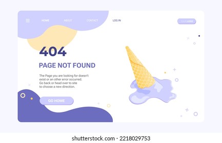 404 Page not found banner template. Web page with 404 error. Flat illustration of ice cream melting and spilling from the waffle cone for design template of fail and error