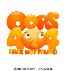 404 page not found concept card with yellow cartoon emoji smile face. Isolated on white background. Vector illustration