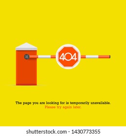 404 Page not Found Design Template. Orange Striped Car Barrier with Stop Sign. 404 Error Concept. Link to Non-Existing Domain. Vector Illustration