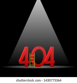 404 Page not Found Design Template. Spotlight Above on Dark Scene. Big Red 3D 404 Numbers, Step Ladder. Non-Existing Domain. Vector Illustration