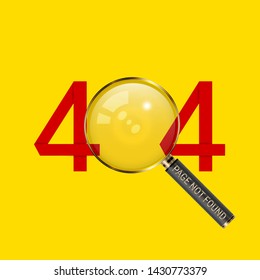 404 Page not Found Design Template. Big Realistic Magnifier, Yellow Background. 404 Error Concept. Link to Non-Existing Domain. Vector Illustration