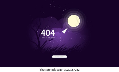 404 Page Not Found Error Website. Template Design. With Ultra Violet Sky, Cloud And Full Moon.