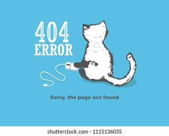 404 Page Not Found Error, a hand drawn vector doodle illustration of internet connection problem concept. cat holds a computer mouse 